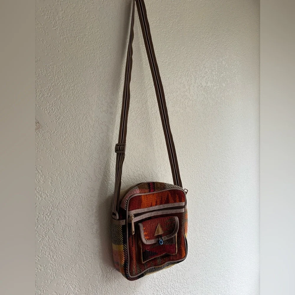 Unique Turkish Kilim Cross-Body Bag Colorful Geometric Pattern & Evil Eye Bead